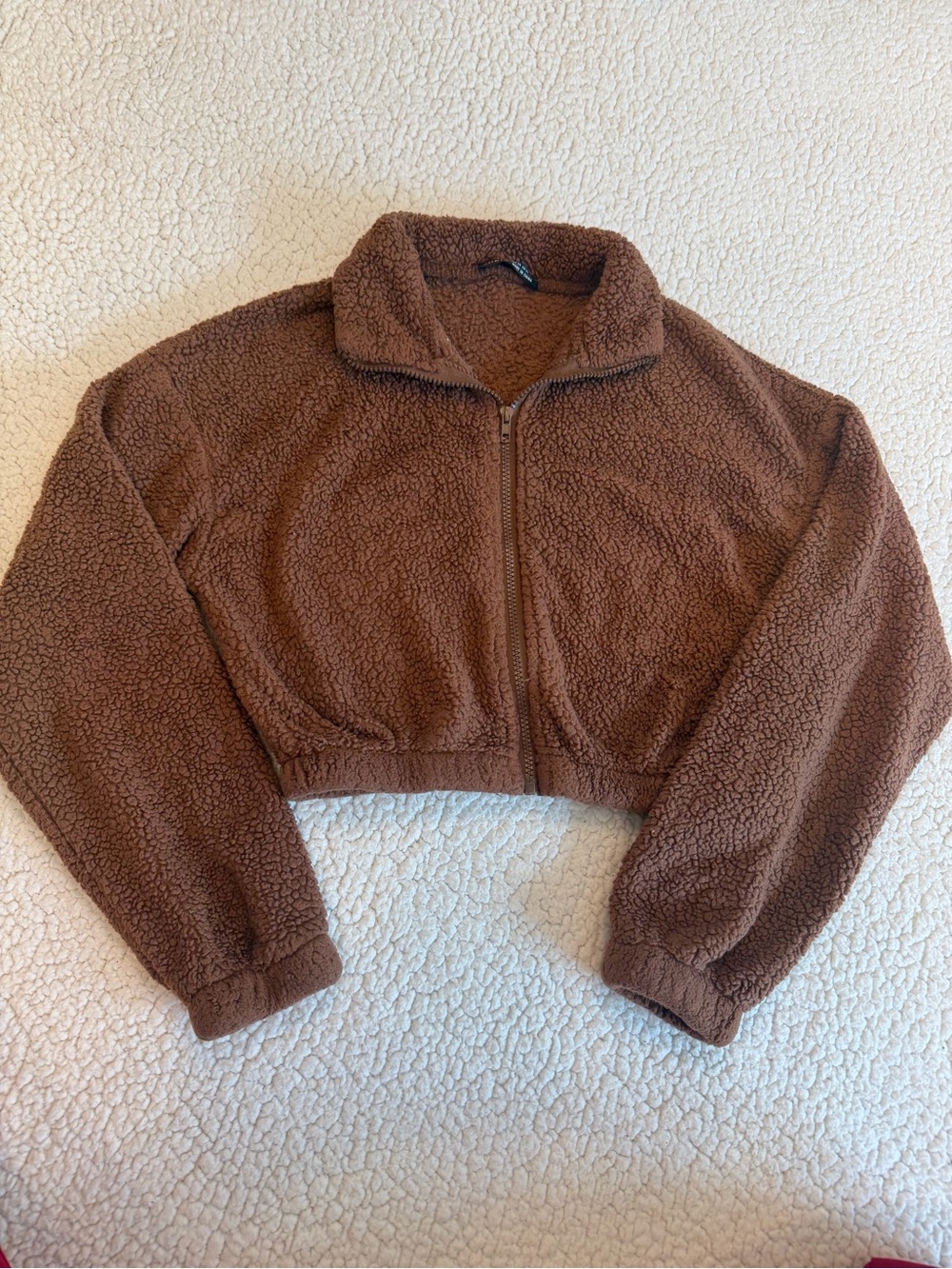 Brown Teddy Fleece Cropped Zip Up Jacket XS Y2K